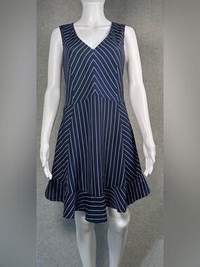J. Crew Fit & Flare Navy Blue White Pinstripe Flounce Sleeveless Dress 4